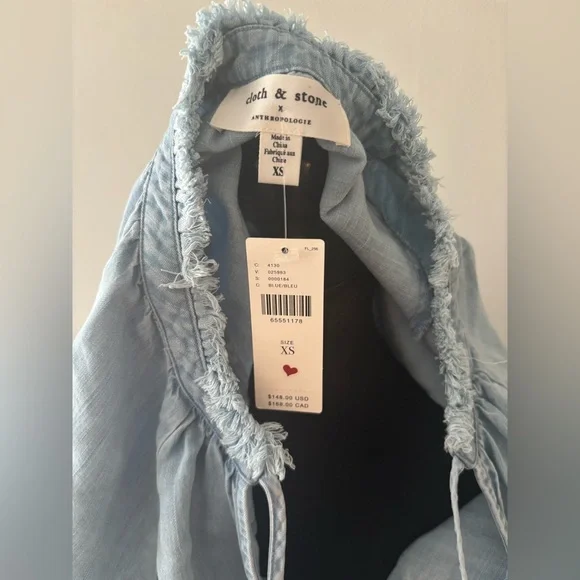 Anthropologie Cloth & Stone ruffle neck tiered mini dress blue size XS NWT